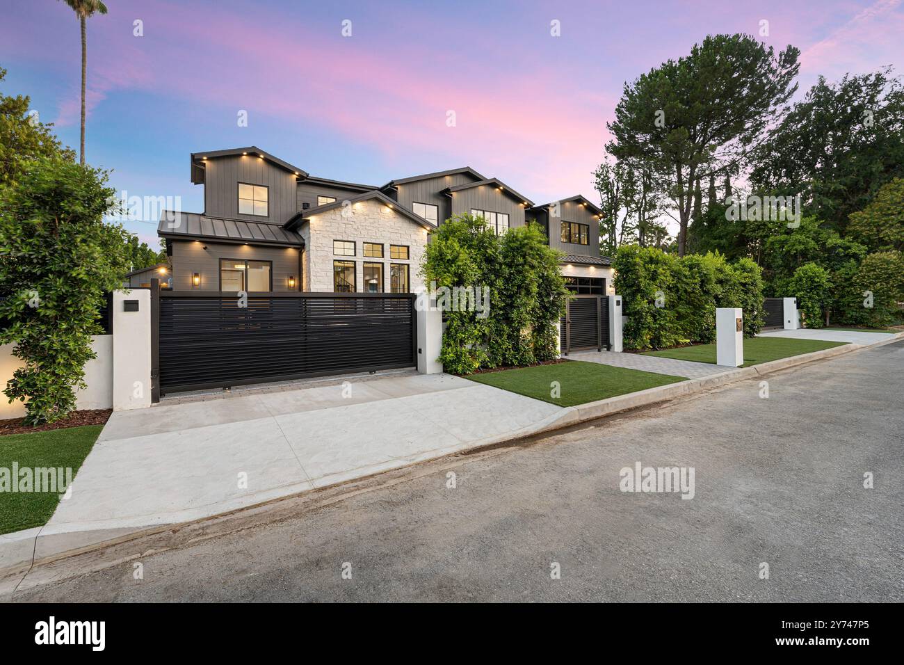 Modern luxury house with black exterior, large windows, and a gated ...