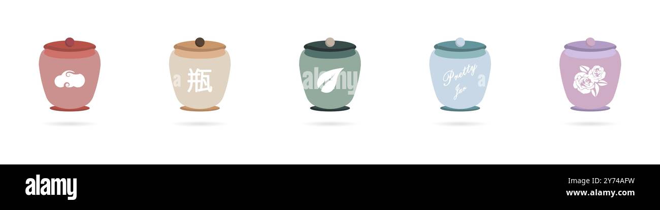 Urns with different signs on them. Japanese symbols on vases. Chinese vases. Jar for storage. Japanese style jars vector. Stock Vector