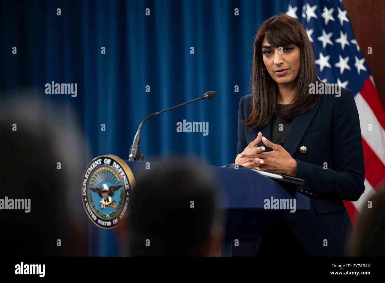 Deputy Pentagon Press Secretary Sabrina Singh conducts a press briefing at the Pentagon, Washington, D.C., Sept. 27, 2024. (DoD photo by U.S. Navy Petty Officer 1st Class Alexander Kubitza) Stock Photo