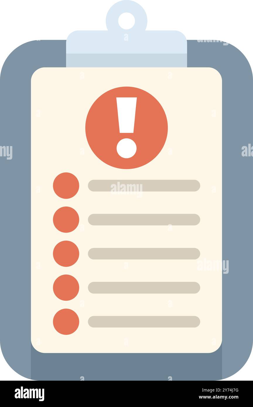 Clipboard showing an alert message with an exclamation point icon, representing a warning or notification Stock Vector