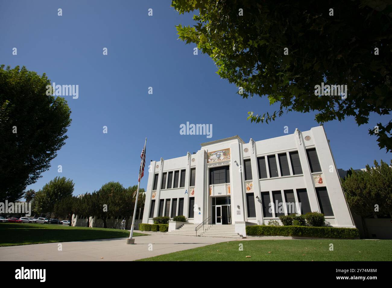 Taft, California, USA - September 20, 2024: Afternoon sunlight shines on the historic downtown high school. Stock Photo