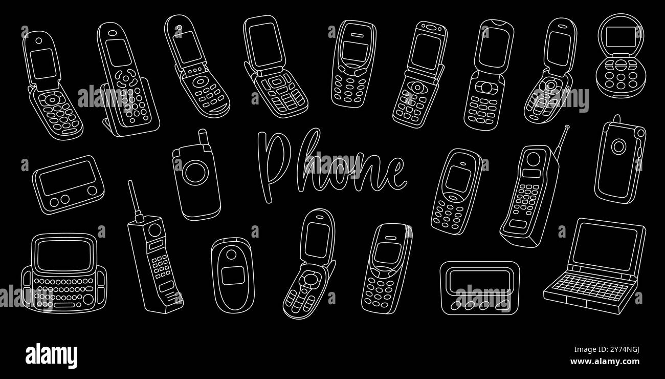 Phones outline set. Retro electronic devices. Mobile with buttons, phone with keypad, flip mobile, pager, beeper, cell phone, old telephone. Stock Vector