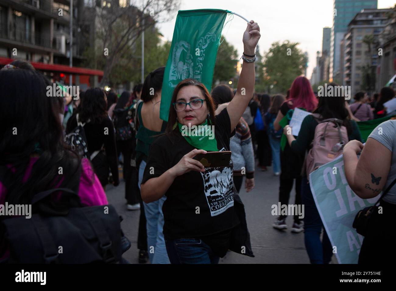 Feminist organizations march through downtown of Santiago de Chile, On September 27, 2024. Under the slogan Legal abortion is social justice, they demand the total decriminalization of abortion, in commemoration of the Global Day for Safe and Legal Abortion. Santiago Chile Copyright: xClaudioxAbarcaxSandovalx Stock Photo