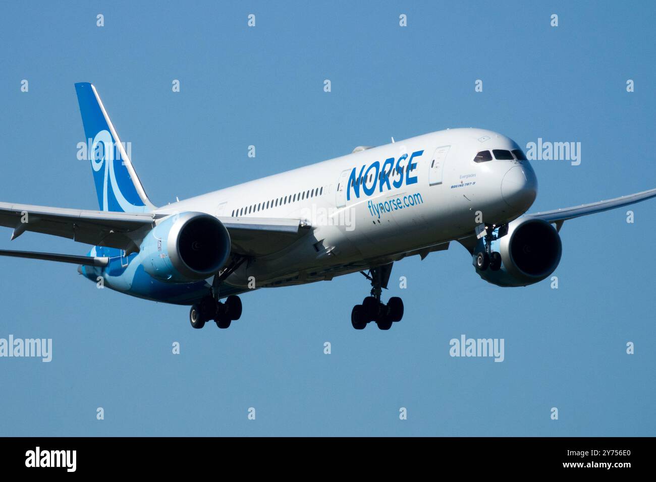Landing Plane Boeing 787-9 Dreamliner operated Norse Atlantic Airways Airline Aircraft Airplane Aeroplane Jetliner Passenger Jet Airliner Approach Stock Photo