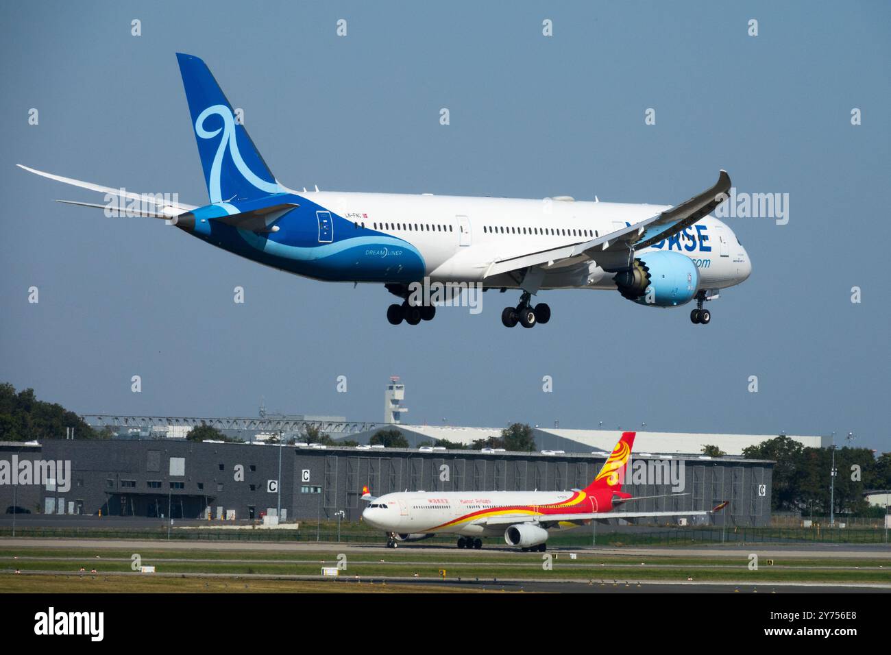 Landing Plane Boeing 787-9 Dreamliner operated Norse Atlantic Airways Airline Aircraft Airplane Aeroplane Jetliner Passenger Jet Airliner Approaches Stock Photo