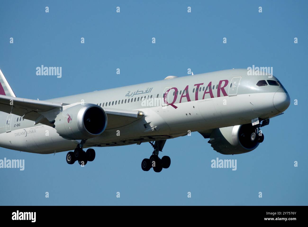 Landing Boeing 787-9 Dreamliner Plane operated Qatar Airways Airline Aircraft Airplane Aeroplane Jetliner Passenger Jet Airliner Approach Commercial Stock Photo