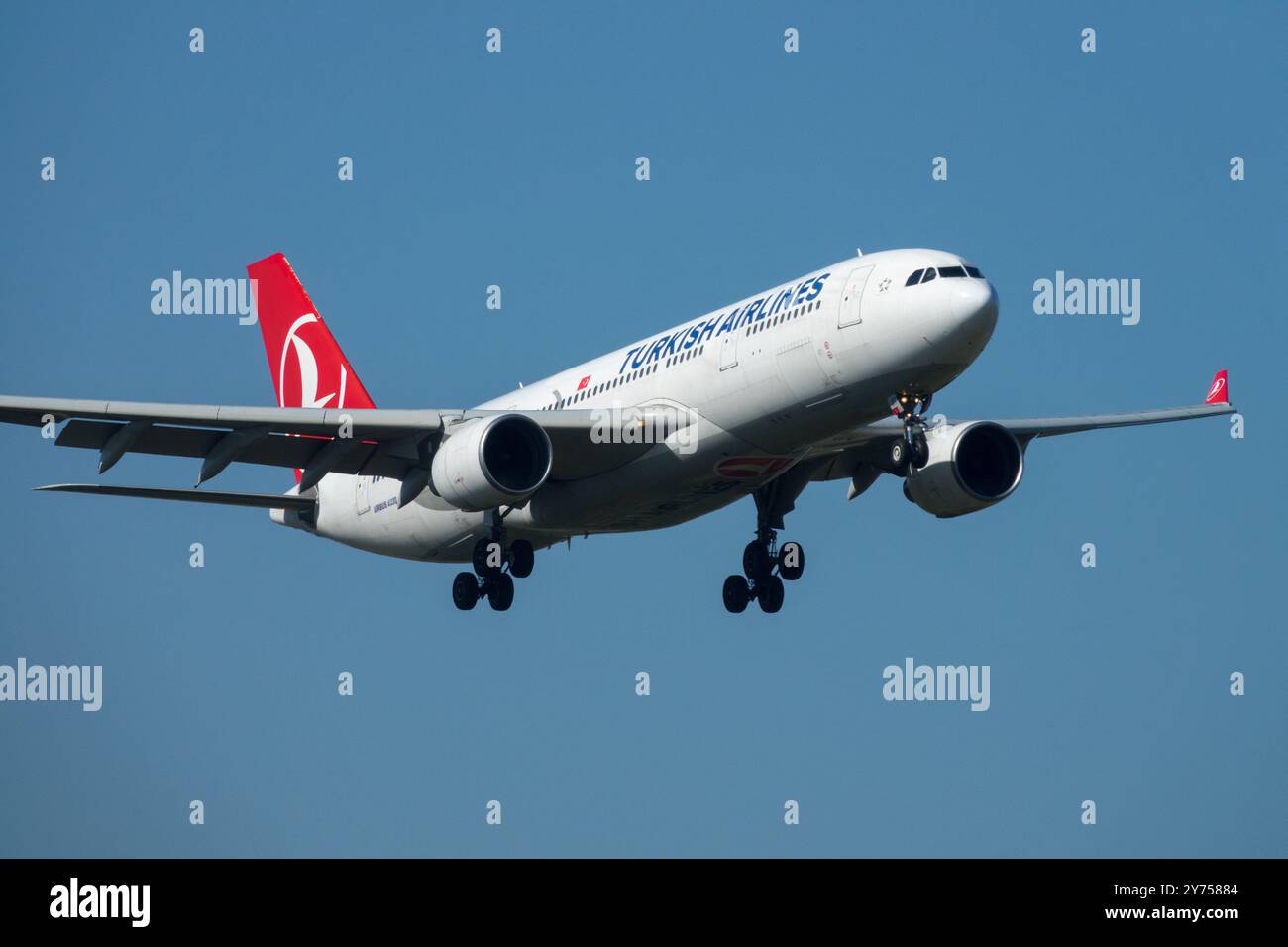 Airbus A330 Turkish Airlines, Plane Aircraft Airplane Jetliner Passenger Jet Airliner, Landing Approaching Flight Stock Photo