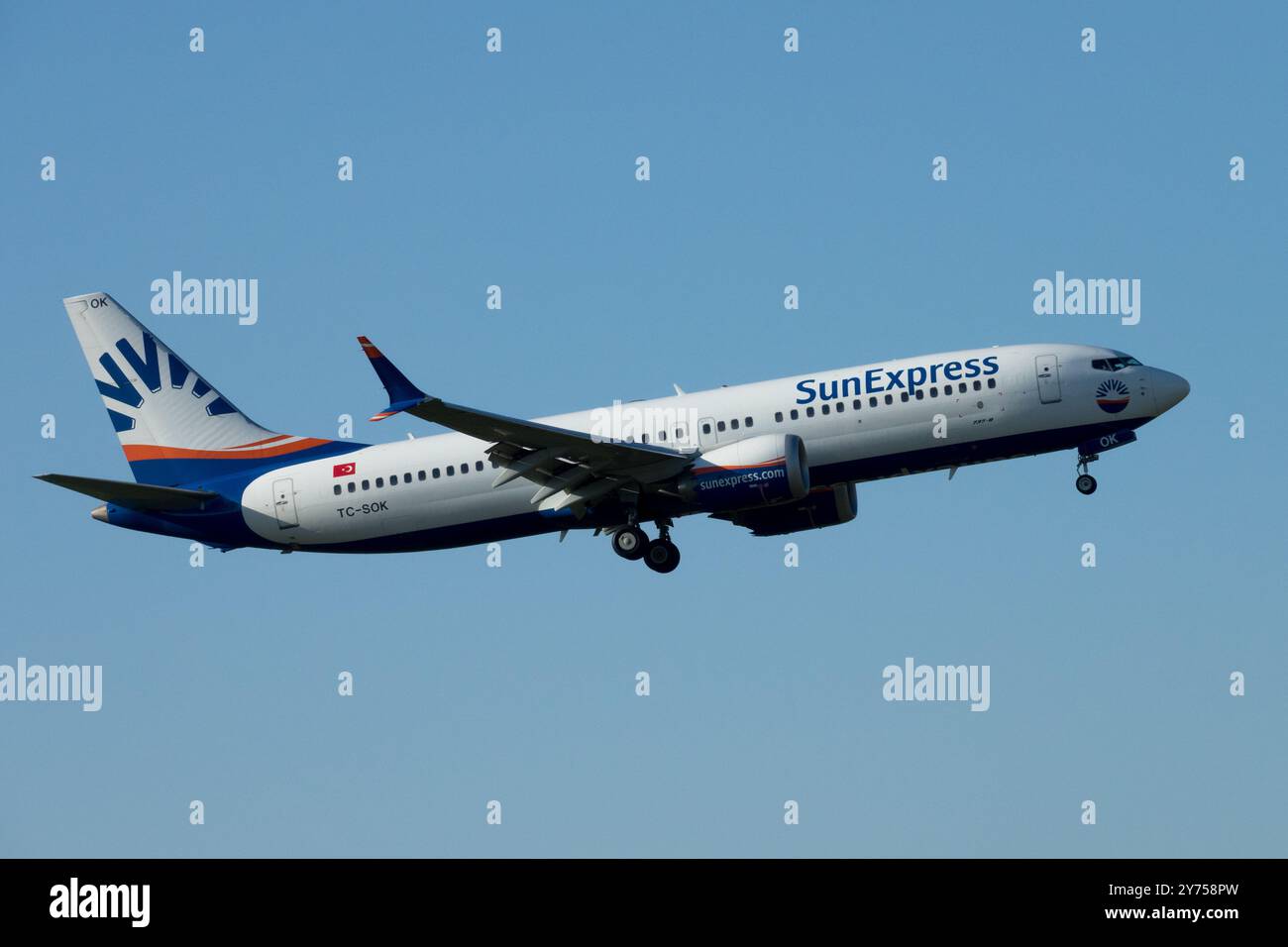 SunExpress Boeing 737-8 MAX Plane Aircraft Airplane Aeroplane Jetliner Passenger Jet Airliner Air Landing Approach Approaching For Flying Flight Stock Photo