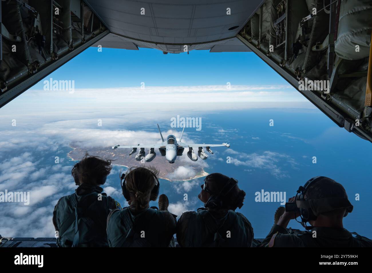 A U.S. Navy EA-18G Growler departs after refueling during Gray Flag 24, off the coast of California, Sept. 18, 2024. photo by Jasmyne Bridgers-Matos Stock Photo