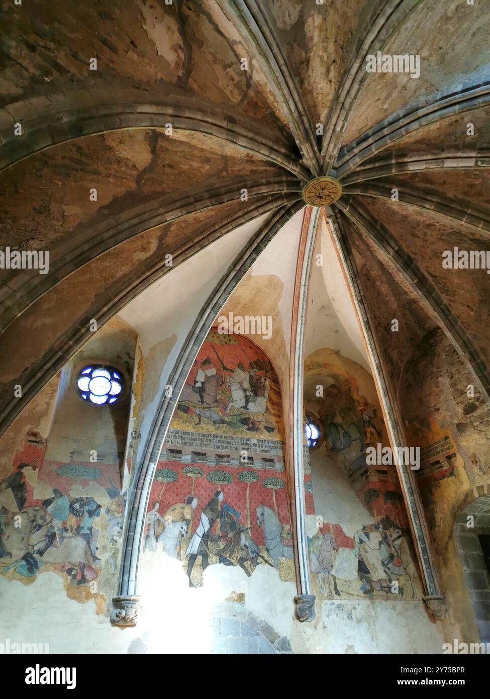 Castle of Saint Floret, frescoes from the 14th century depicting the story of Tristan and Iseult, Puy de Dome, Auvergne Rhone Alpes, France. Europe - Smartphone Captured Stock Image
