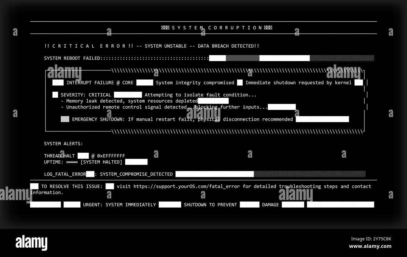 Computer error screen message blue screen with blocky text fragments