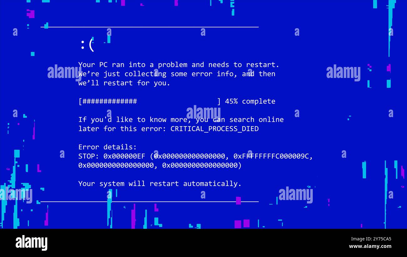 Computer error screen message blue screen with blocky text fragments ...
