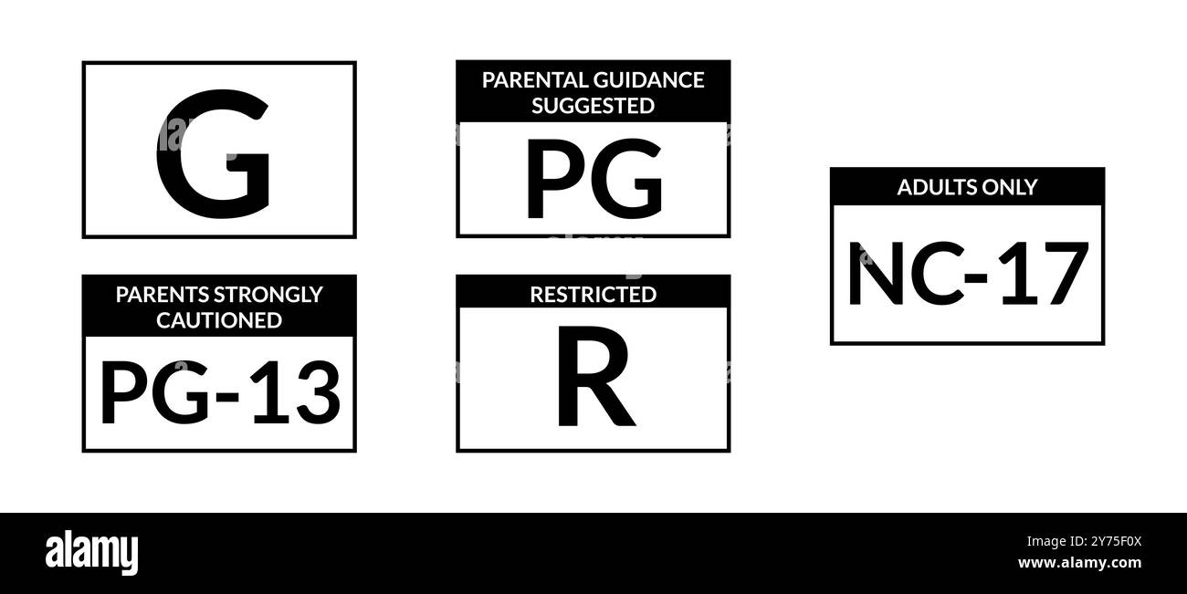 Film rating system label sticker set, black and white vector art Stock Vector