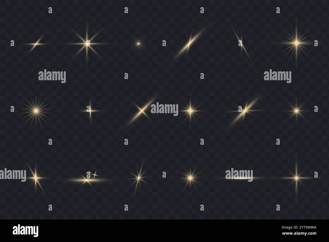 Glare stars set on black. Light flashes. Vector transparent elements with glow effect Stock Vector