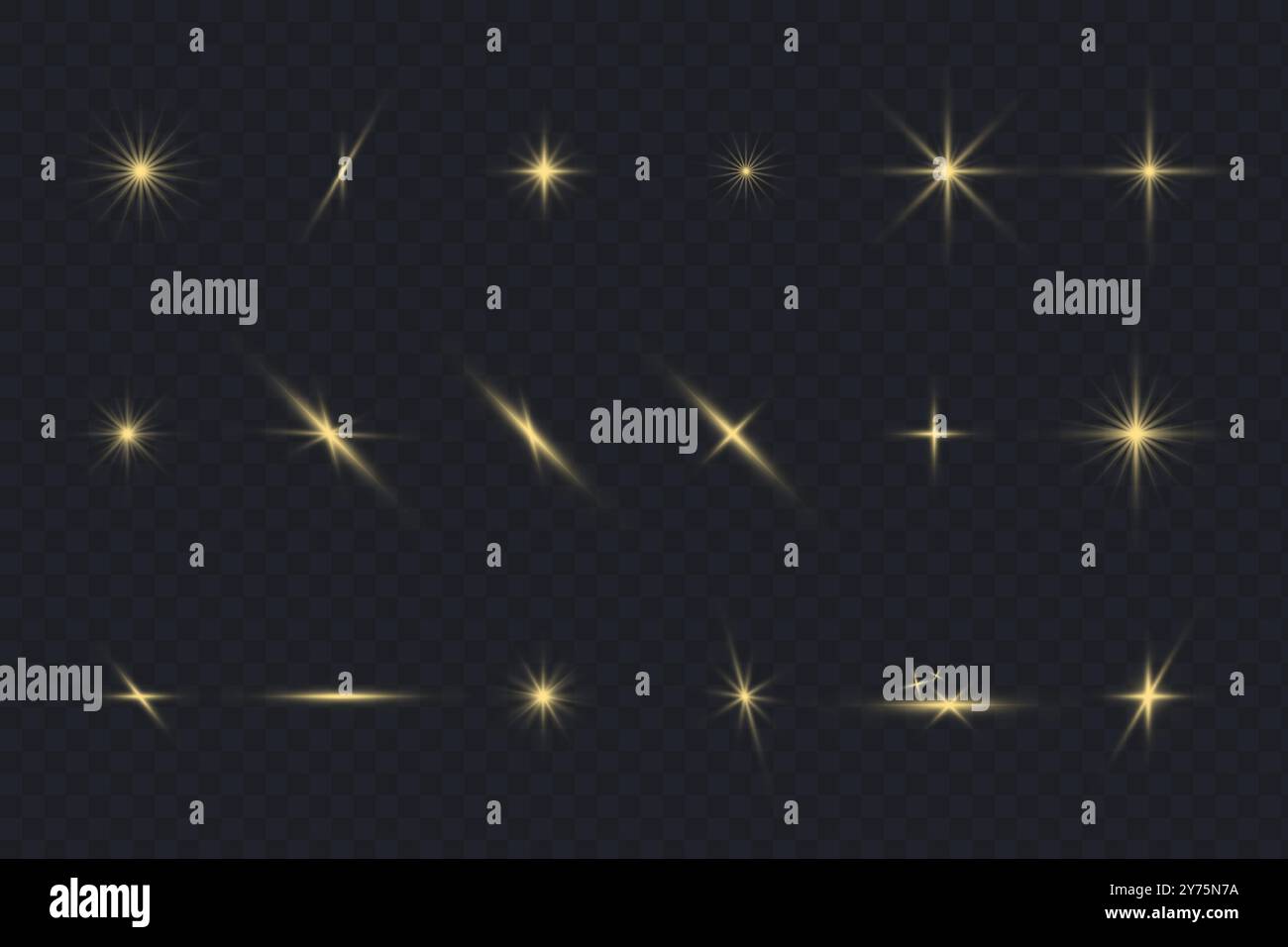 Glare stars set on black. Light flashes. Vector transparent elements with glow effect Stock Vector