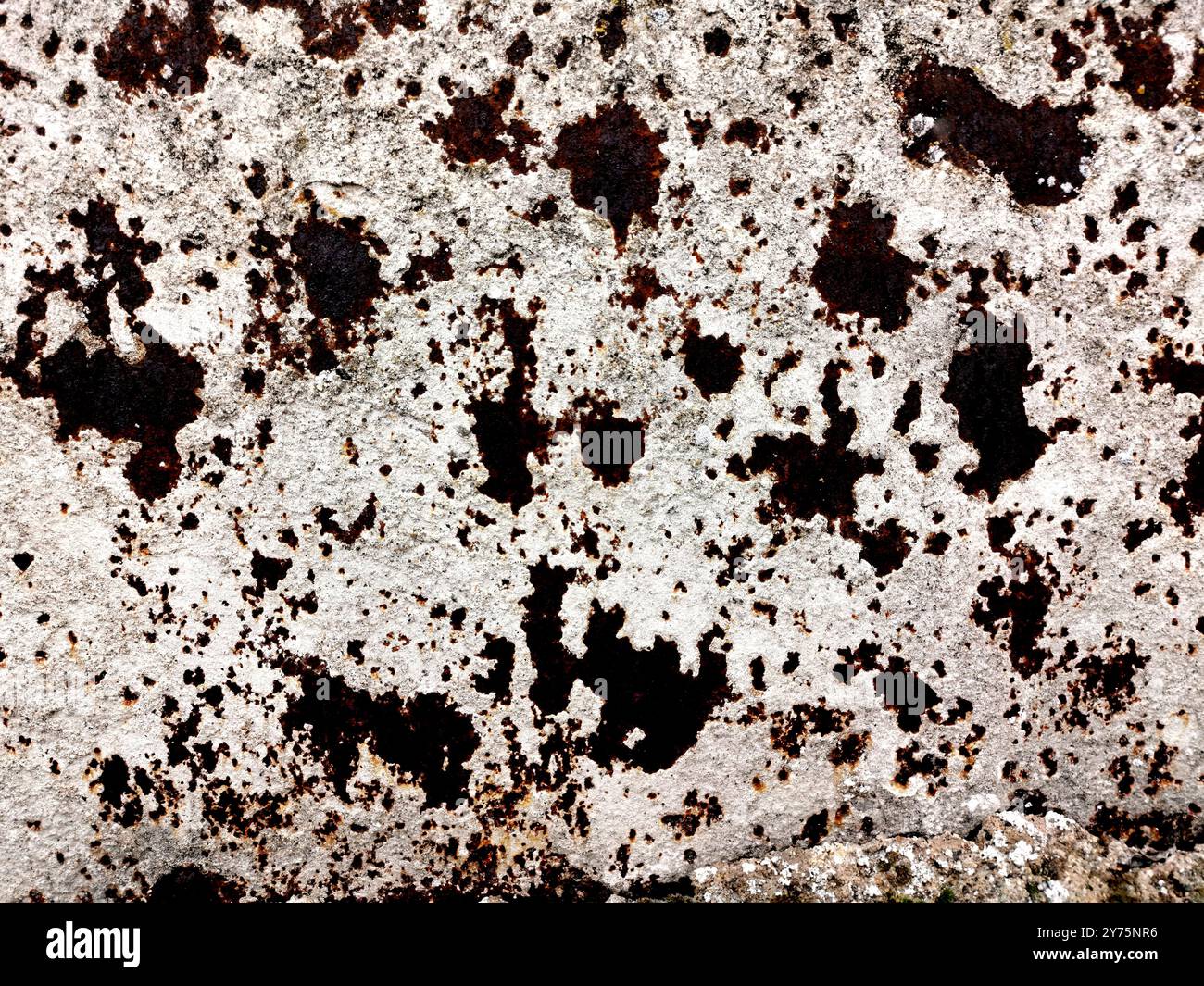 Textures of weathered concrete with dark stains and irregular patterns captured during daylight, showcasing the effects of time and environment Stock Photo