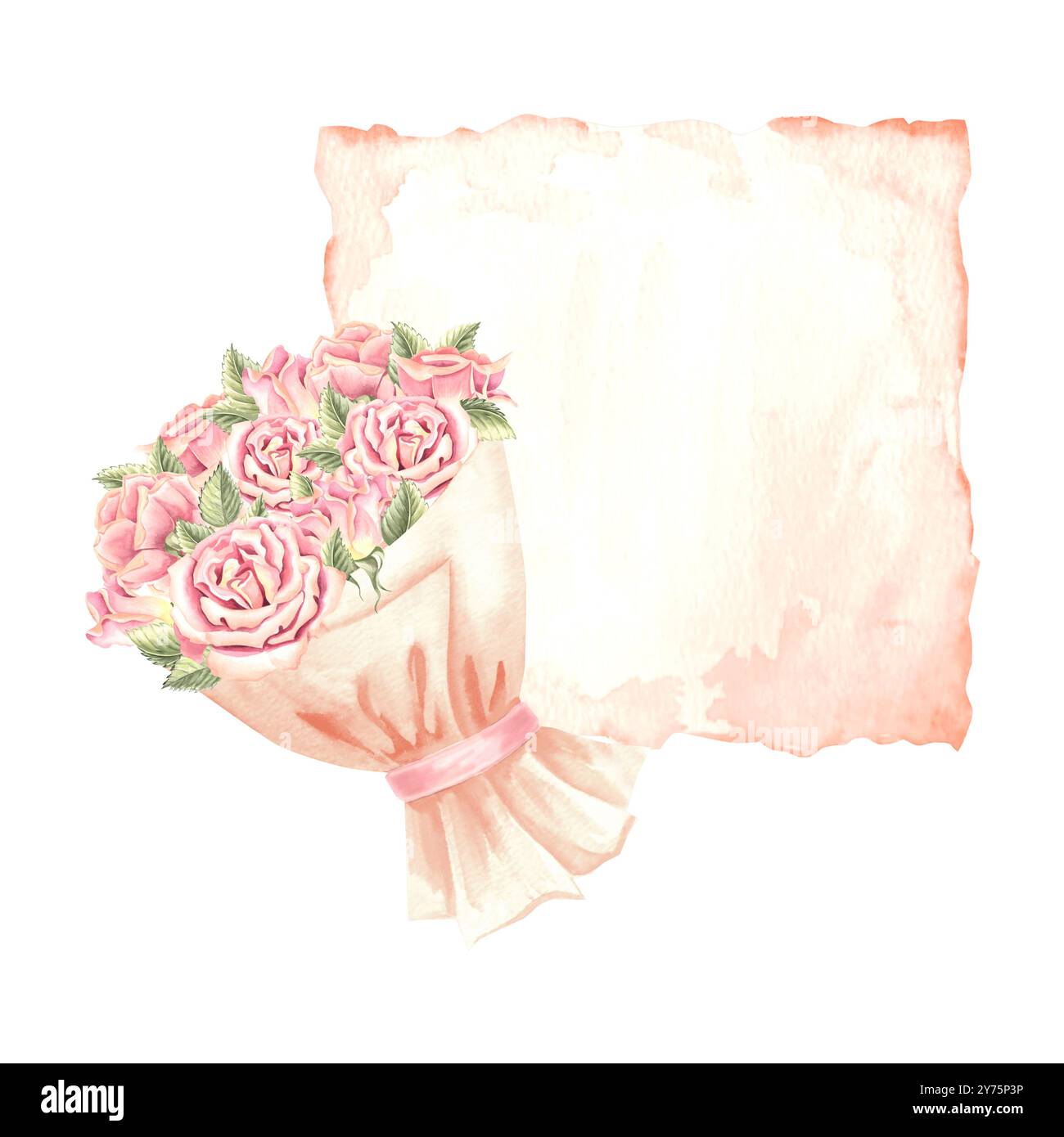Aged sheet of paper decorated with bouquet of roses flowers. Parchment ...