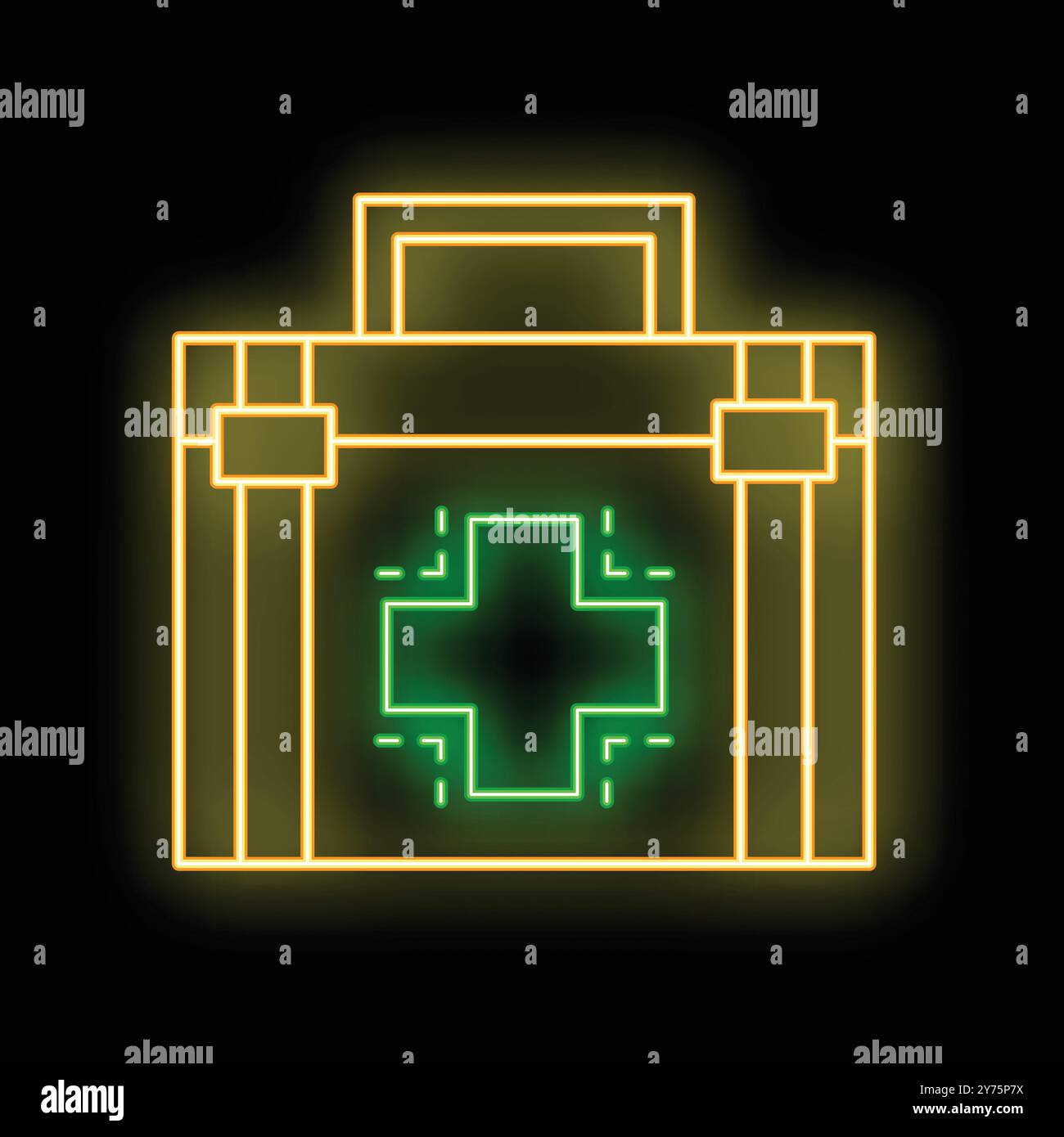 Neon First Aid Sign Glowing neon green first aid kit on a black background is depicted ...