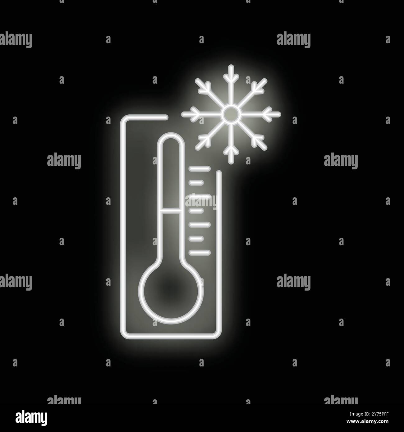 Neon sign of a thermometer showing low temperature with a snowflake ...