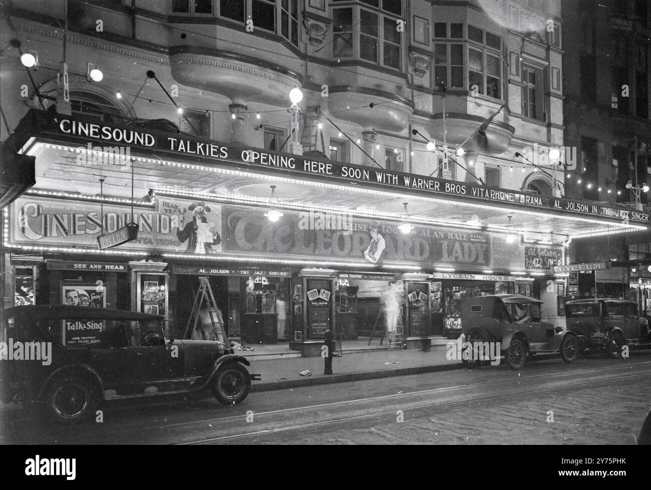 Front of the Lyceum Theatre at night, Sydney [ likely late 1928] with  'The Leopard Lady.' playing on marquee.  Vintage Australian Photography,  Photo Credit: Sam Hood Stock Photo