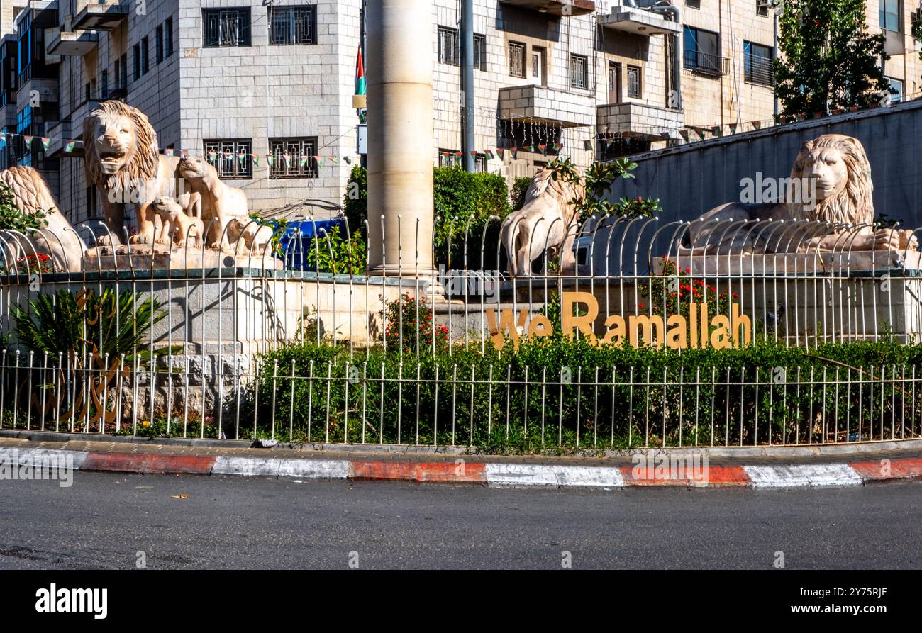 Lion statues at Al Manara Square in the downtown district of Ramallah, Palestine Stock Photo