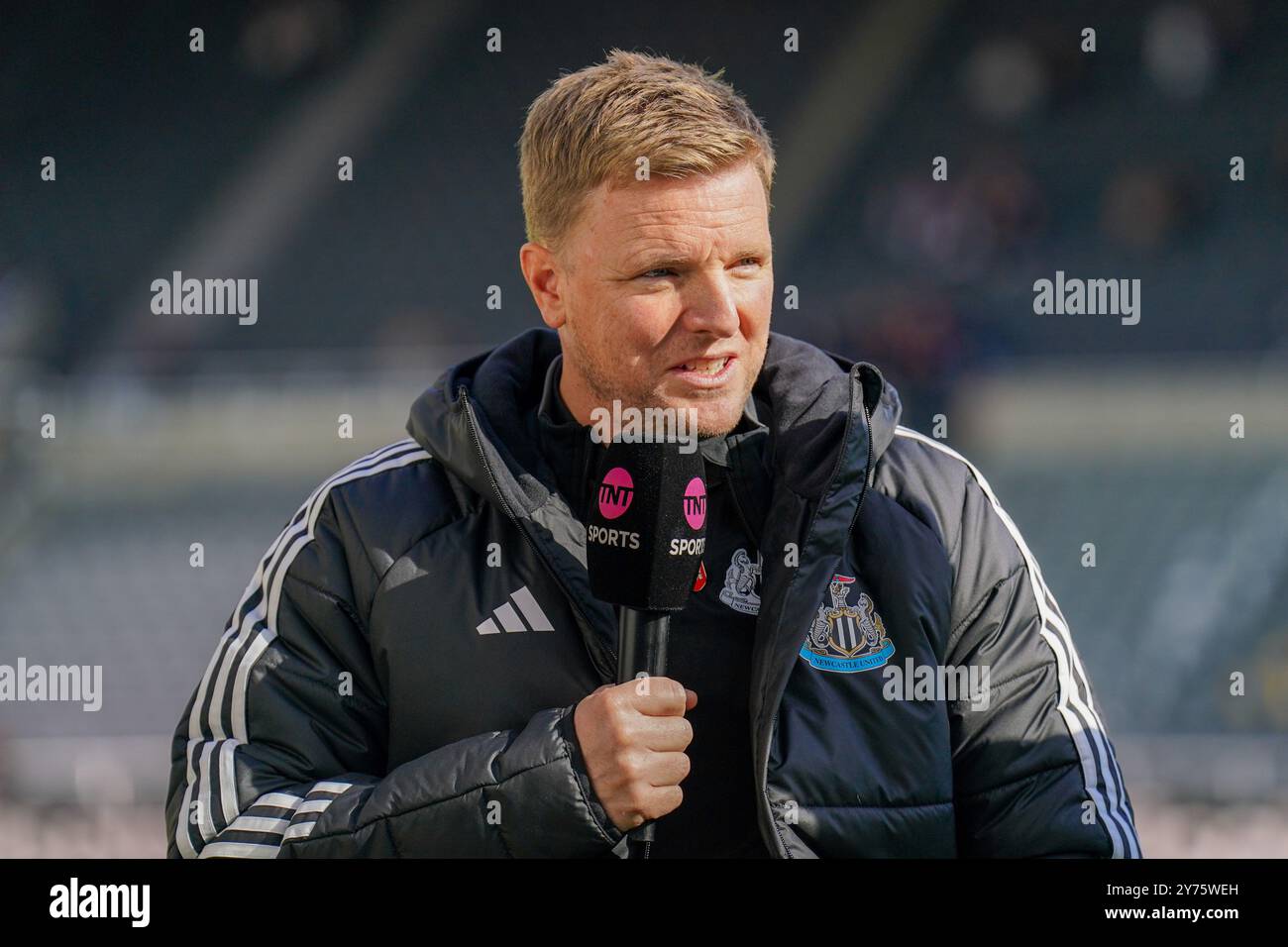 Newcastle United Manager Eddie Howe TNT Sports Media TV interview during the Newcastle United FC v Manchester City FC English Premier League match at St.James' Park, Newcastle, England, United Kingdom on 28 September 2024 Credit: Every Second Media/Alamy Live News Stock Photo