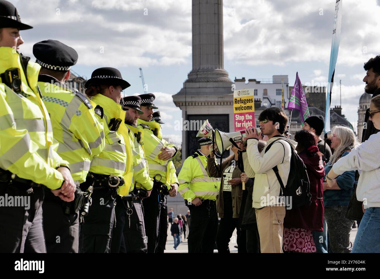 London, UK. 28 SEP, 2024The anti racism demonstration in Trafalgar Square was was met with a small-counter protest. London/UK Aubrey Fagon/Alamy Live News Stock Photo