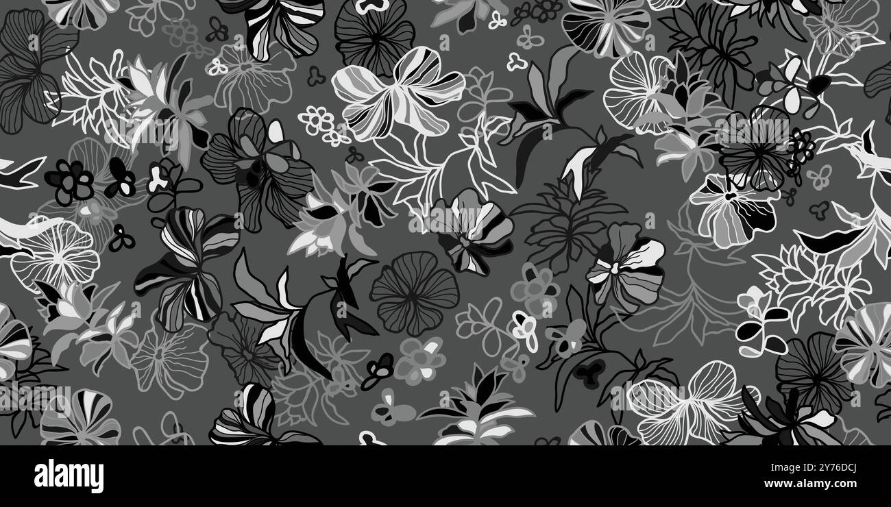 Beautiful monochrome, black and white seamless background with flowers . Hand drawn contour lines and strokes. Vector illustration Stock Vector
