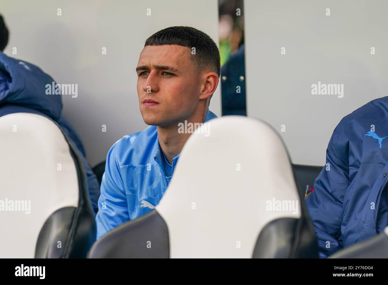 Manchester City midfielder Phil Foden (47) on the substitute bench during the Newcastle United FC v Manchester City FC English Premier League match at St.James' Park, Newcastle, England, United Kingdom on 28 September 2024 Credit: Every Second Media/Alamy Live News Stock Photo