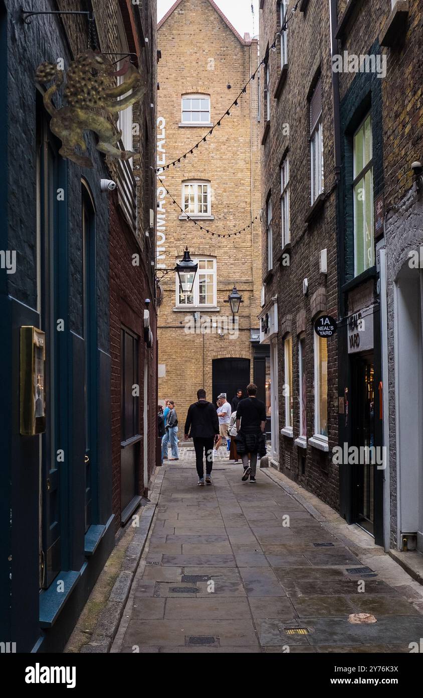 London, UK - July 25, 2024: Colurful Neals Yard courtyard. Neal's Yard is a small alley in London's Covent Garden. Popular tourist spot. Stock Photo