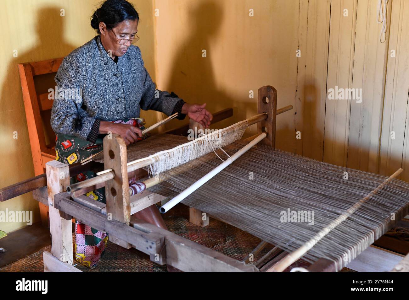 Ambalavao, silk craft workshop. Weaving silk. Haute Matsiatra, Central ...