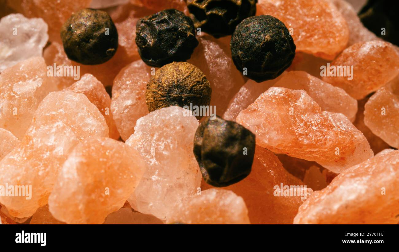 Salt and pepper closeup, spice, texture, macro view Stock Photo