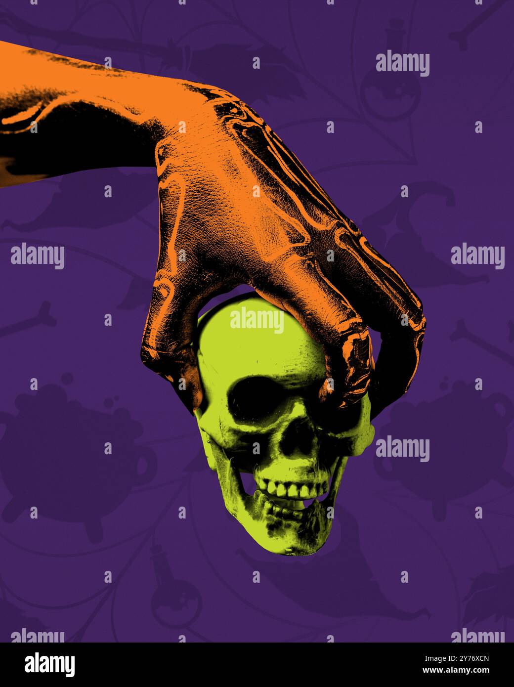 Horror Handshake Terrifying monster hand holding green skull against dark purple ...