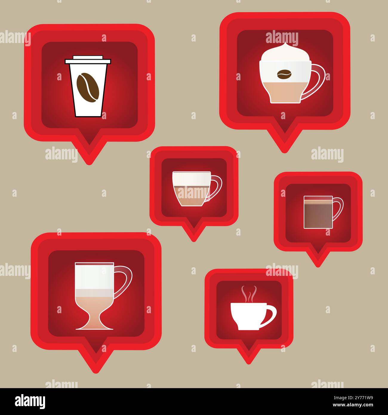 Six red speech bubbles with different coffee types Stock Vector