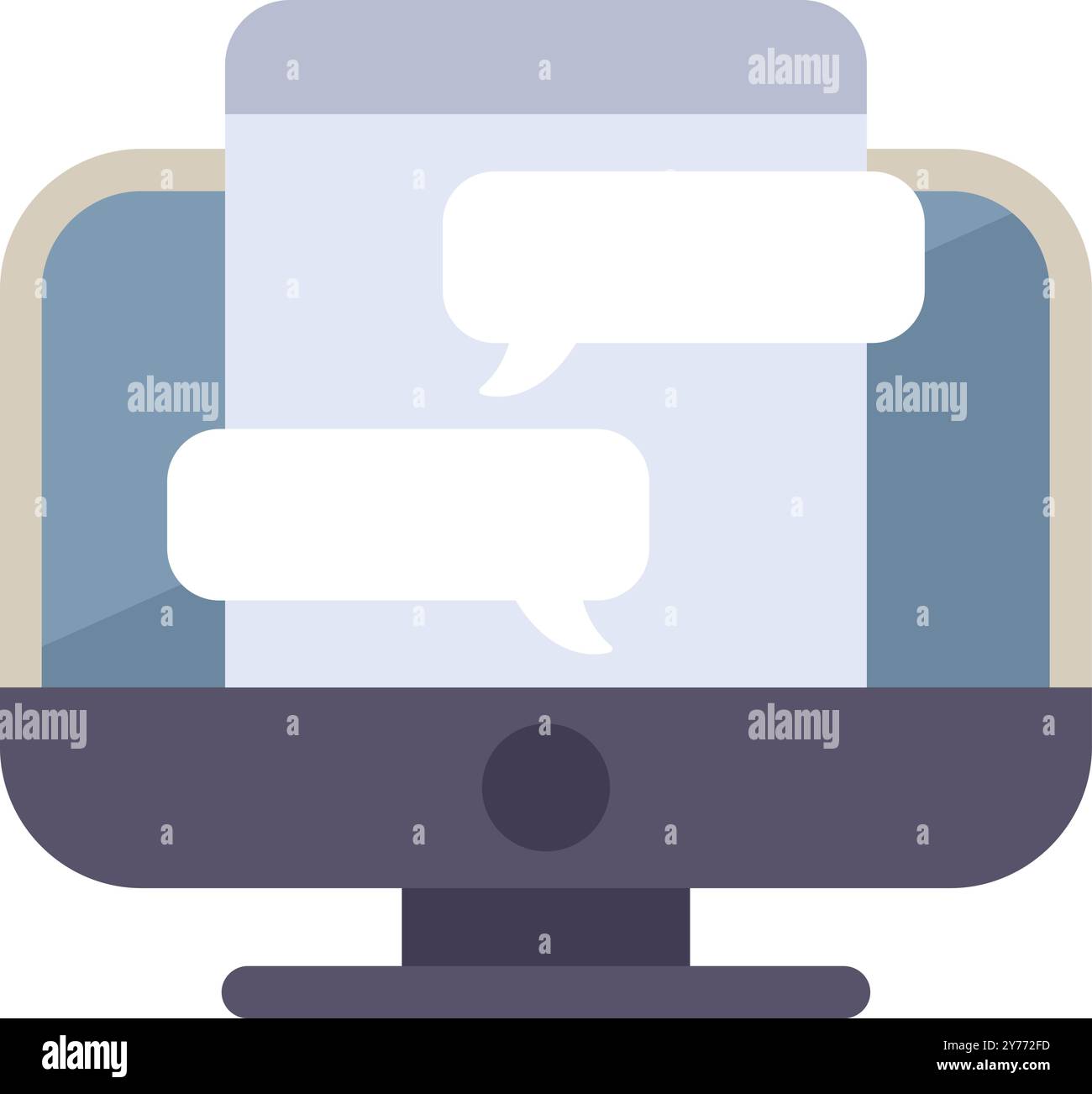 Desktop computer is displaying an instant messaging application, showing two empty speech bubbles representing ongoing communication Stock Vector