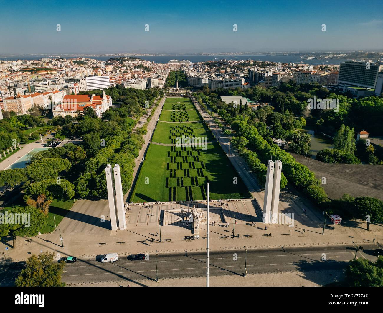 AERIAL View of Eduardo VII park with labyrinth in Lisbon, Portugal . High quality photo Stock Photo