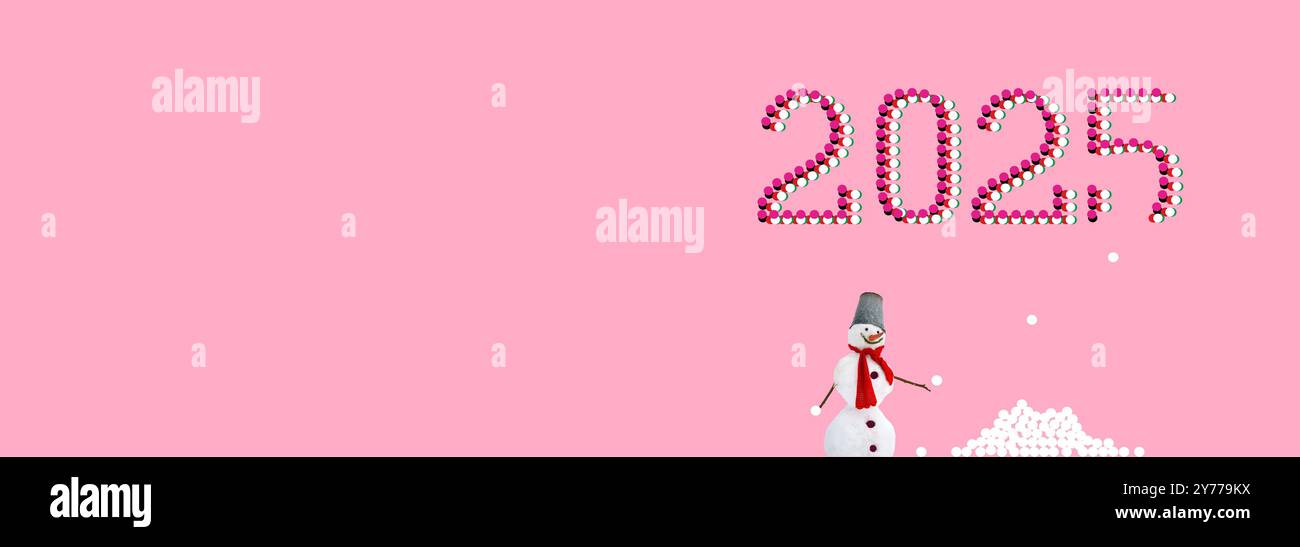 2025 year illustration, icon. Funny new year, winter concept. A snowman ...