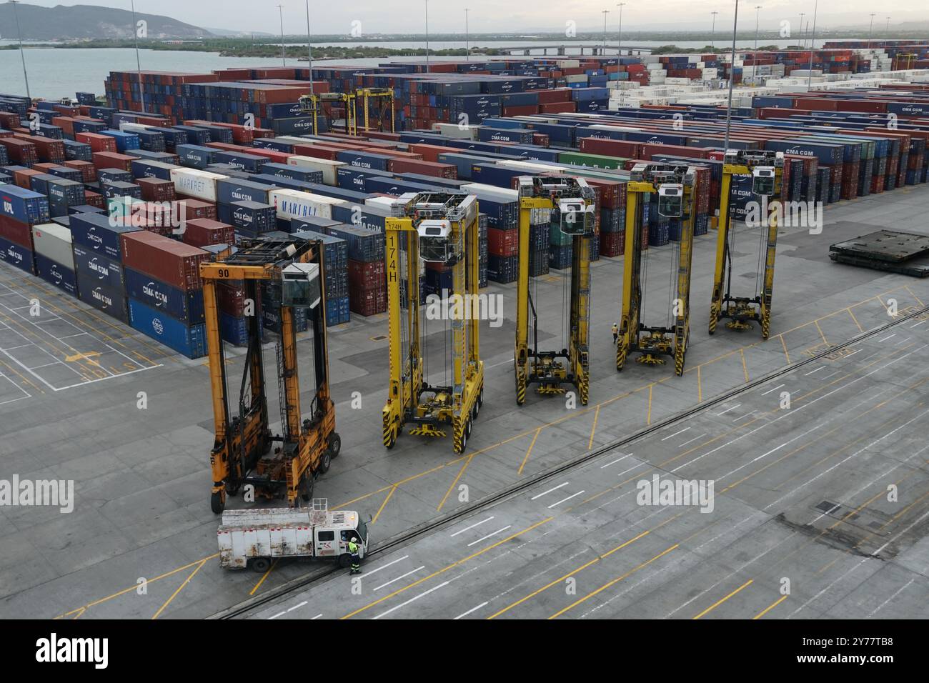 Yellow straddle carriers are arrayed at the Kingston Freeport container terminal, ready beneath the gantry cranes. Stock Photo