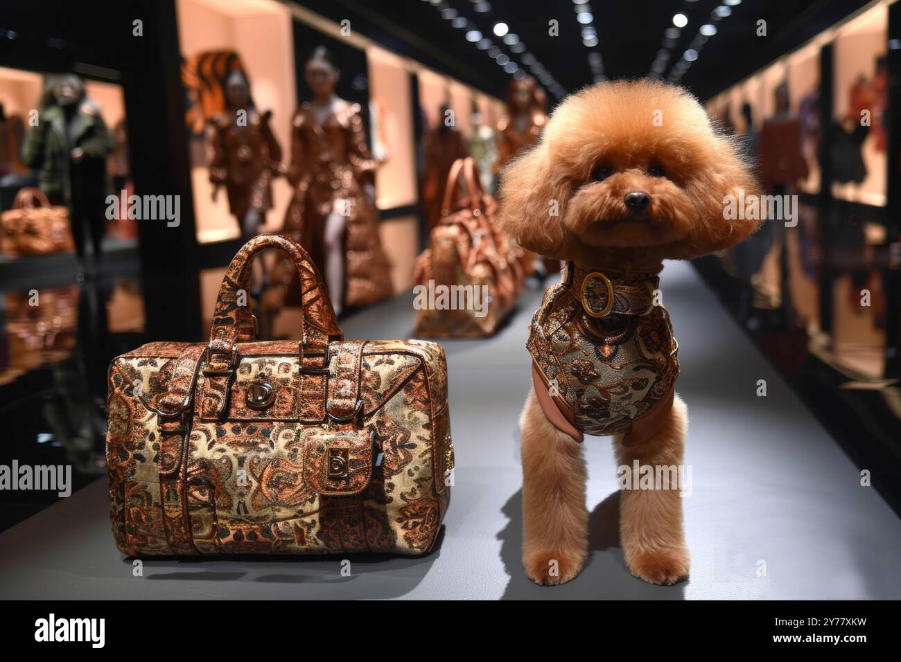 A fashionable dog showcases clothing at a glamorous fashion show event for canines Stock Photo