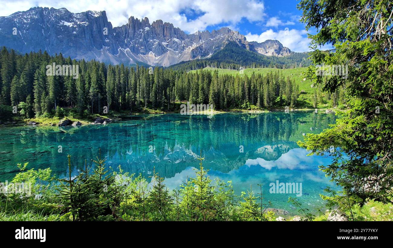 Italy Idyllic nature scenery- trasparent mountain lake Carezza ...