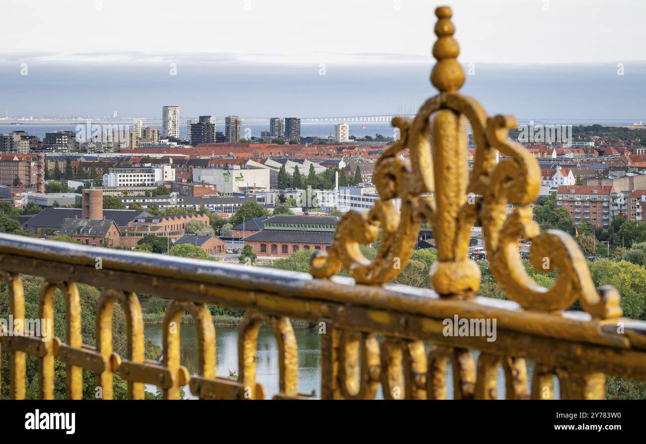 View from the tower of Vor Frelsers Kirke to the island of Amager, the Oeresund Bridge or Oresundsbron and Malmoe, Copenhagen, Denmark, Europe Stock Photo