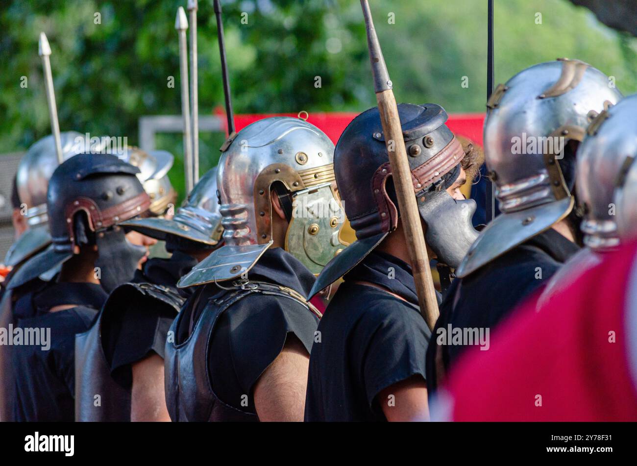 Reenactors as roman legionaries in formation at a historical event party about ancient Rome Stock Photo