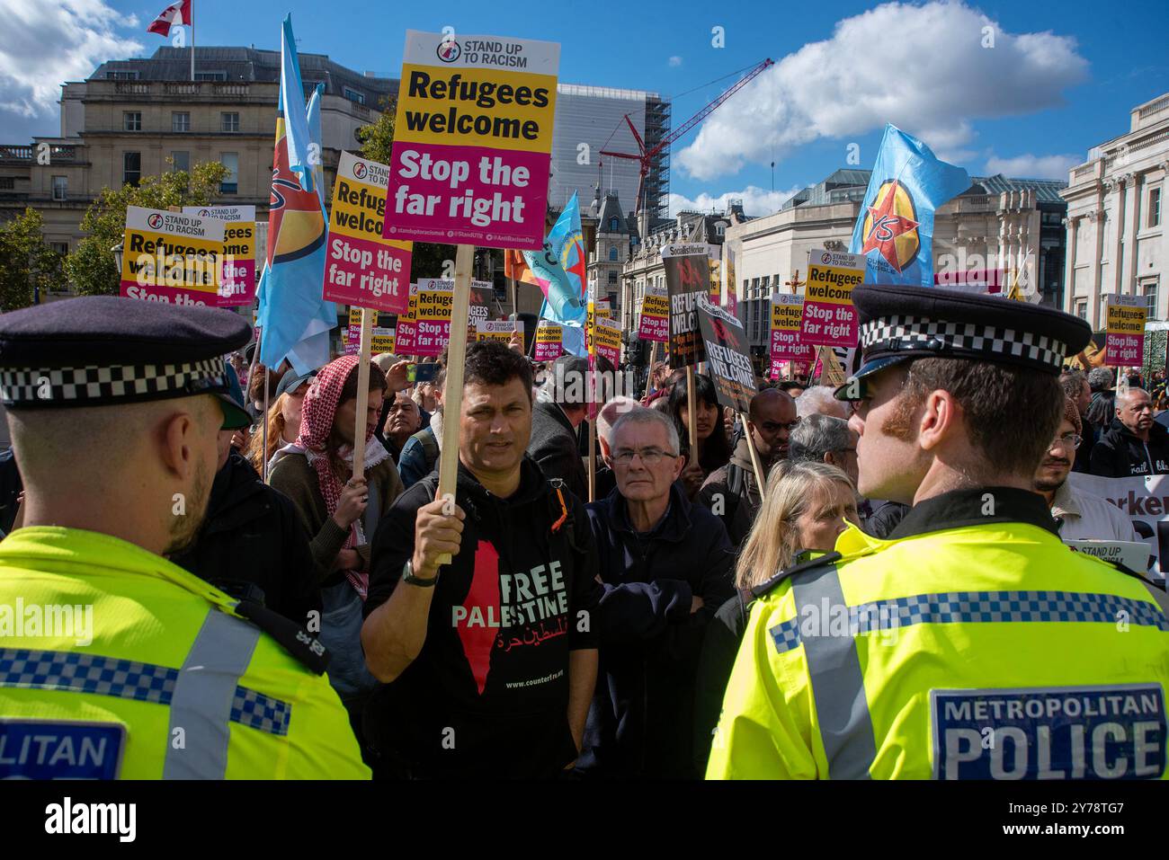 London, UK. 28th Sep, 2024. Police officers stand in front of the anti-fascists during the counter-protest at the Trafalgar Square. Stand Up To Racism organised counter-protests in eight cities (London, Liverpool, Derby, Portsmouth, Swansea, Leeds, Nottingham and Ipswich) in the UK against the far-right groups. Far-right rally was called 'Unite the Kingdom'. (Photo by Krisztian Elek/SOPA Images/Sipa USA) Credit: Sipa USA/Alamy Live News Stock Photo