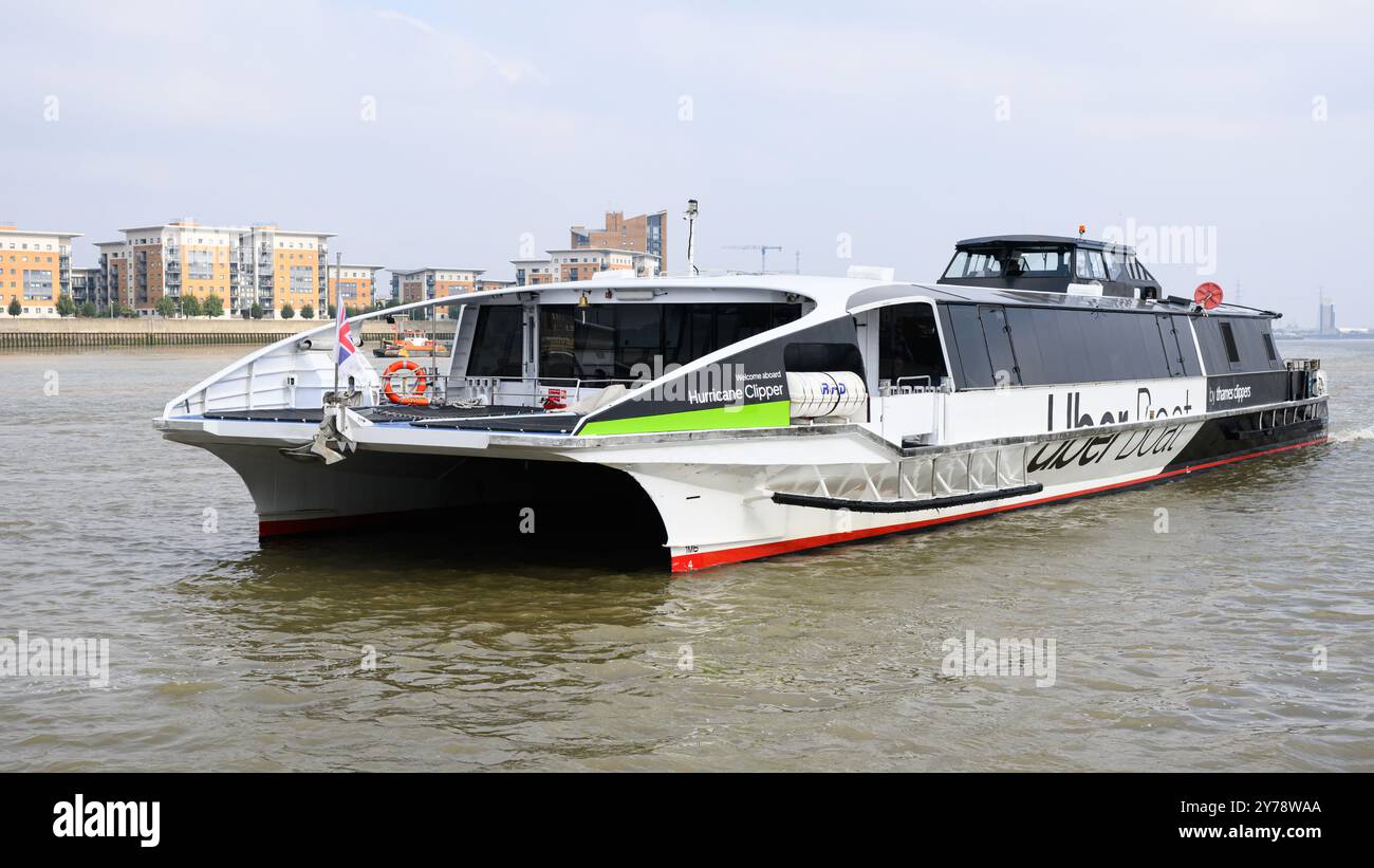 London, UK - September 19, 2024; Thames Clippers Uber Boat Hurricane Clipper on River Thames Stock Photo