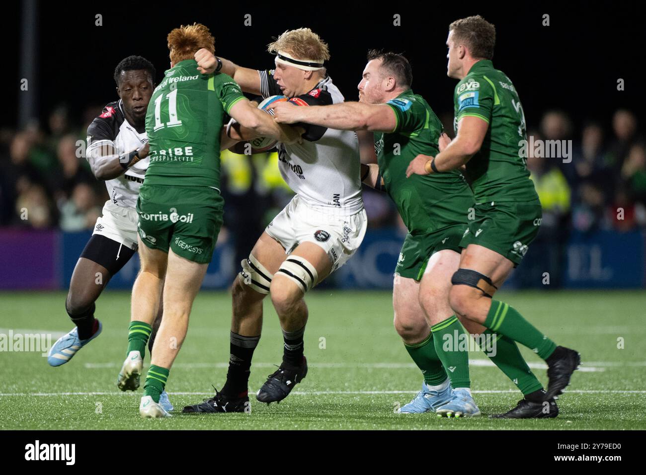 Galway, Ireland. 29th Sep, 2024. Corne Rahl of Sharks tacked by Shane ...