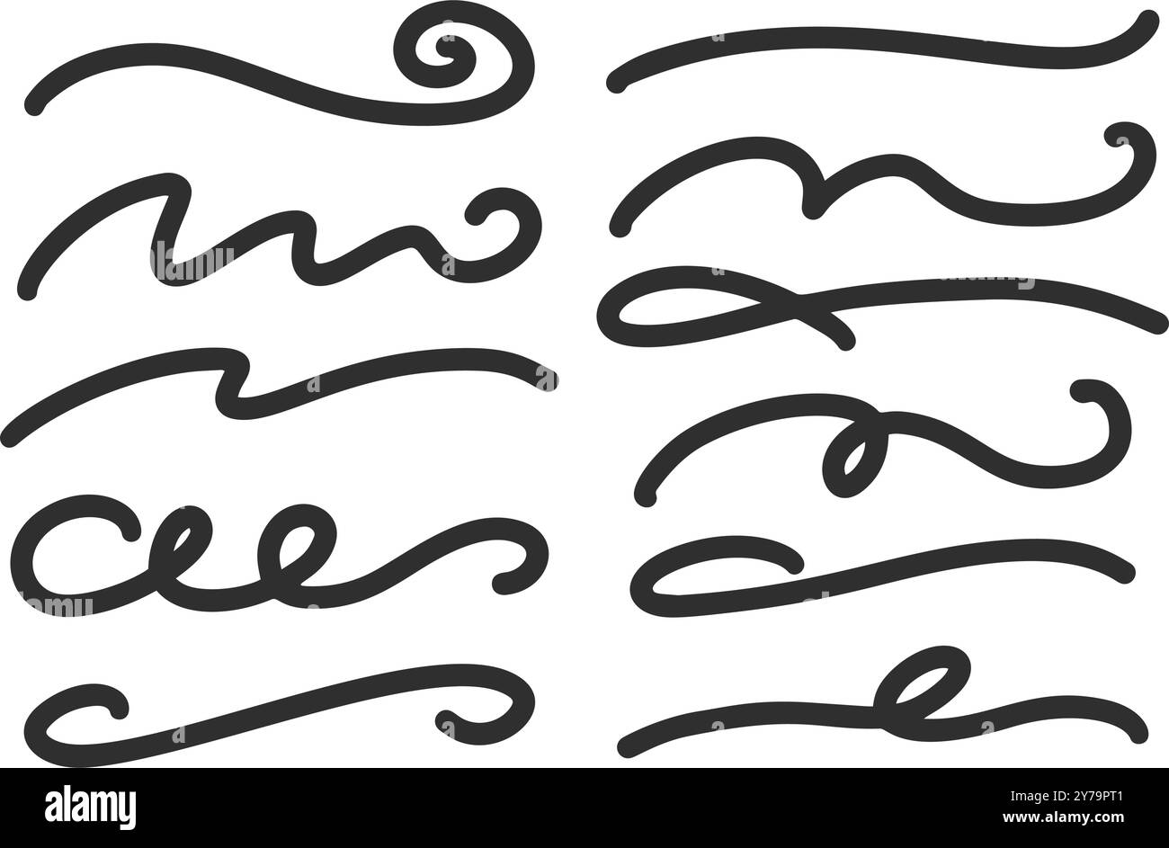 Swoosh vector strokes and swirl hand drawn calligraphy swashes. Squiggle curly lines set. Decorative doodle black paint shapes. Wavy flourishes on Stock Vector