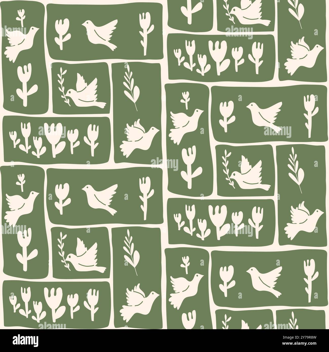 Birds patchwork seamless pattern with various floral elements arranged in rectangular segments. Pigeons with flowers. Perfect for home decor or textil Stock Vector
