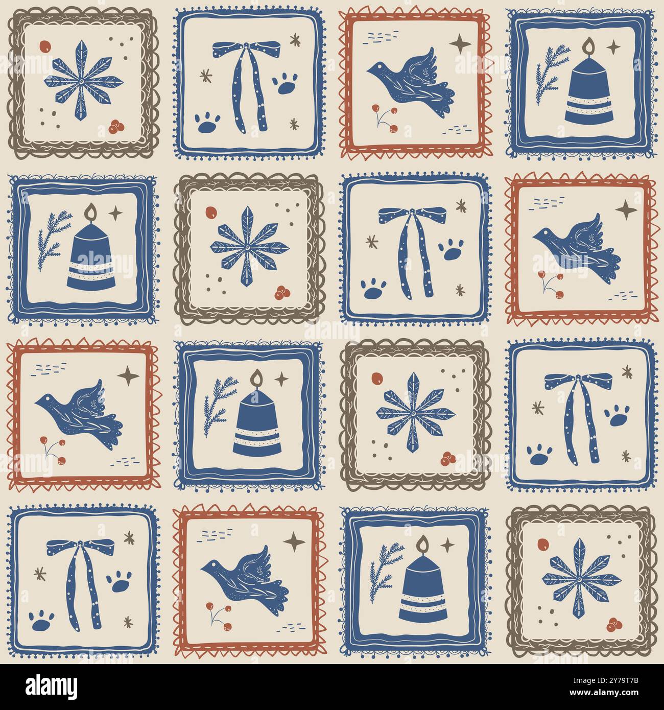 Winter holidays patchwork poster. Bow, snowflake and candles in frame ...