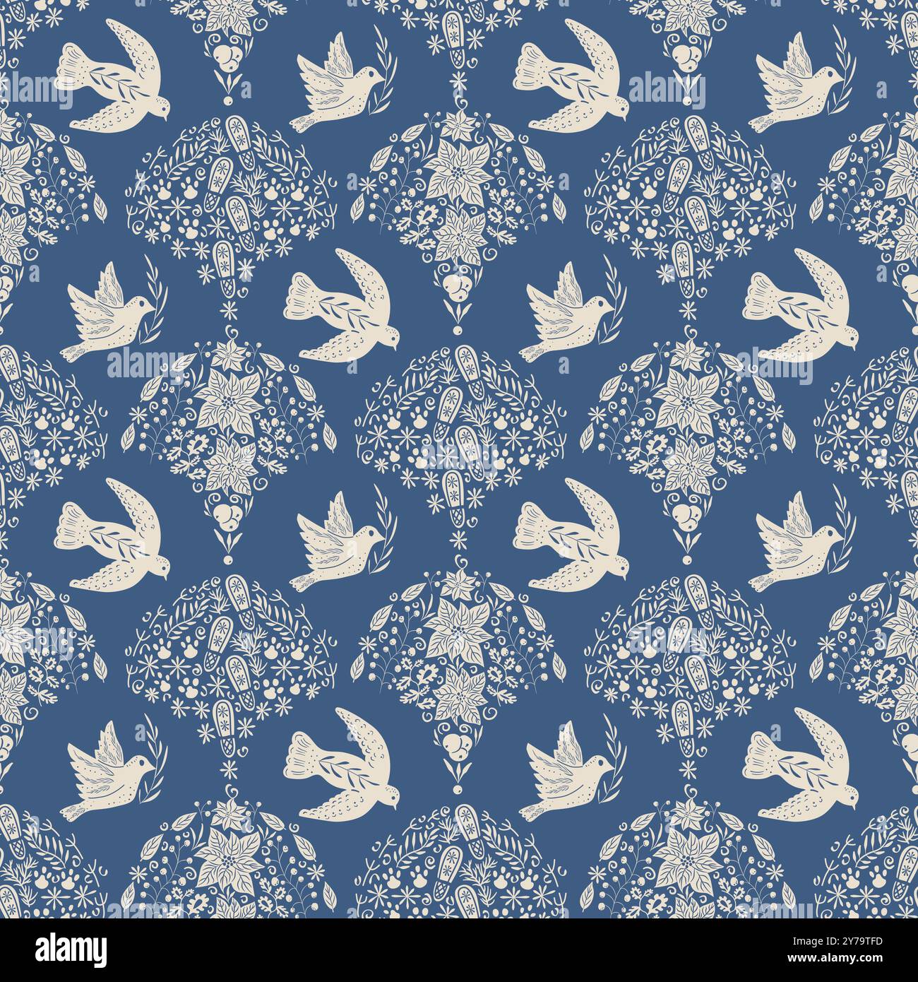 Birds and scallop winter holidays seamless pattern. Flying pigeon ...
