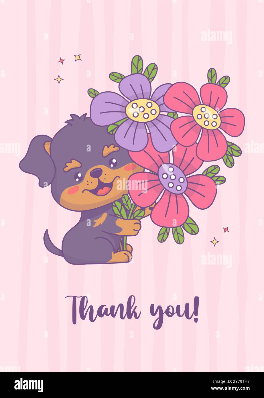 thank-you-card-cute-dog-with-bouquet-of-flowers-on-pink-background